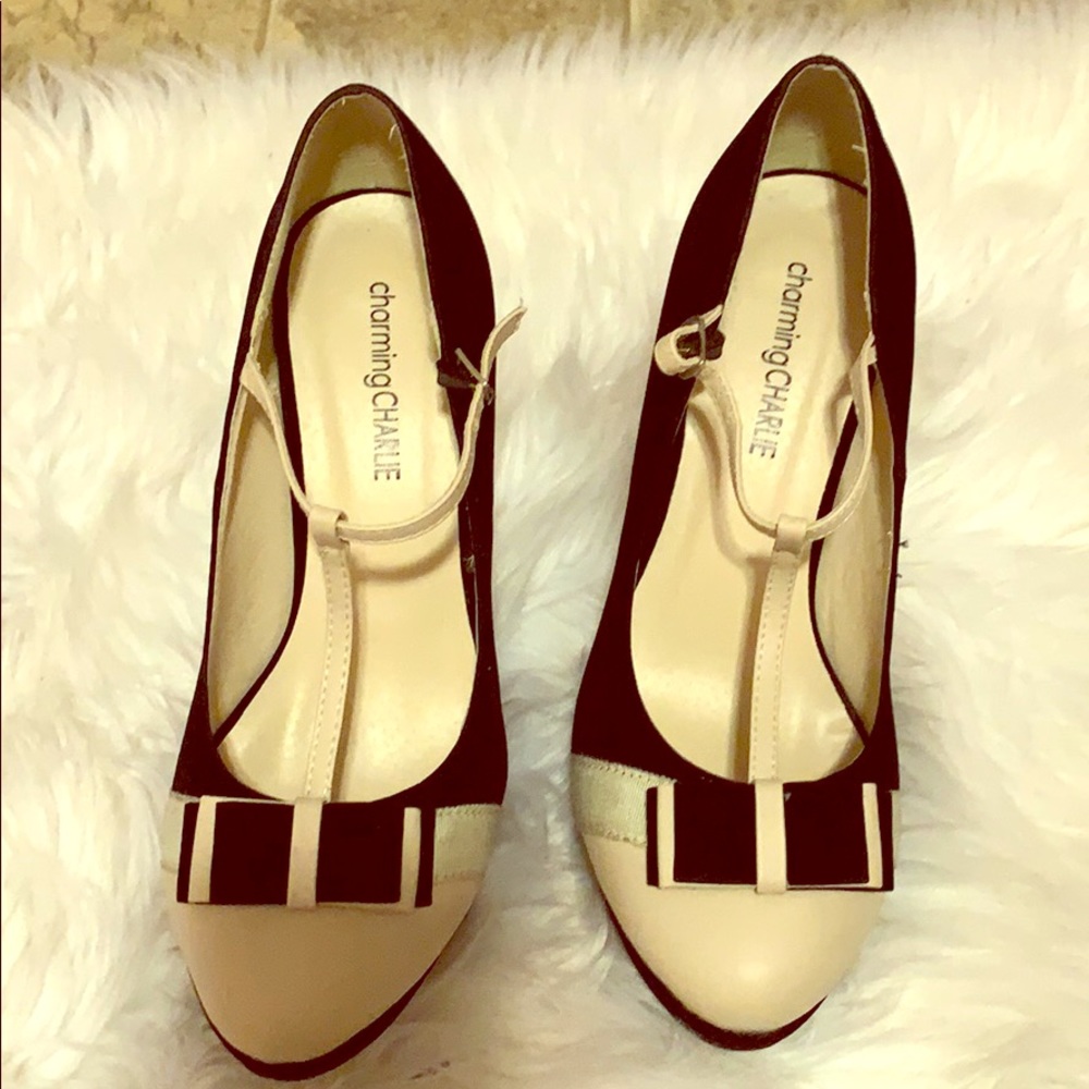 Black and cream Mary Jane style pumps